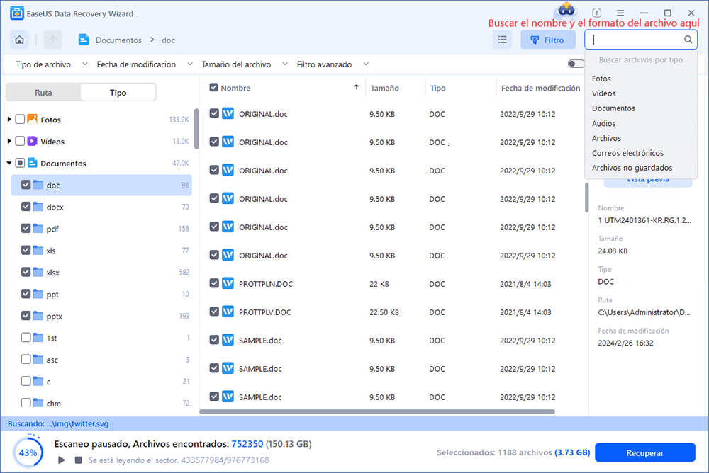 Escanear la ubicación seleccionada para encontrar todos los documentos de word con escaneo rápido y profundo.