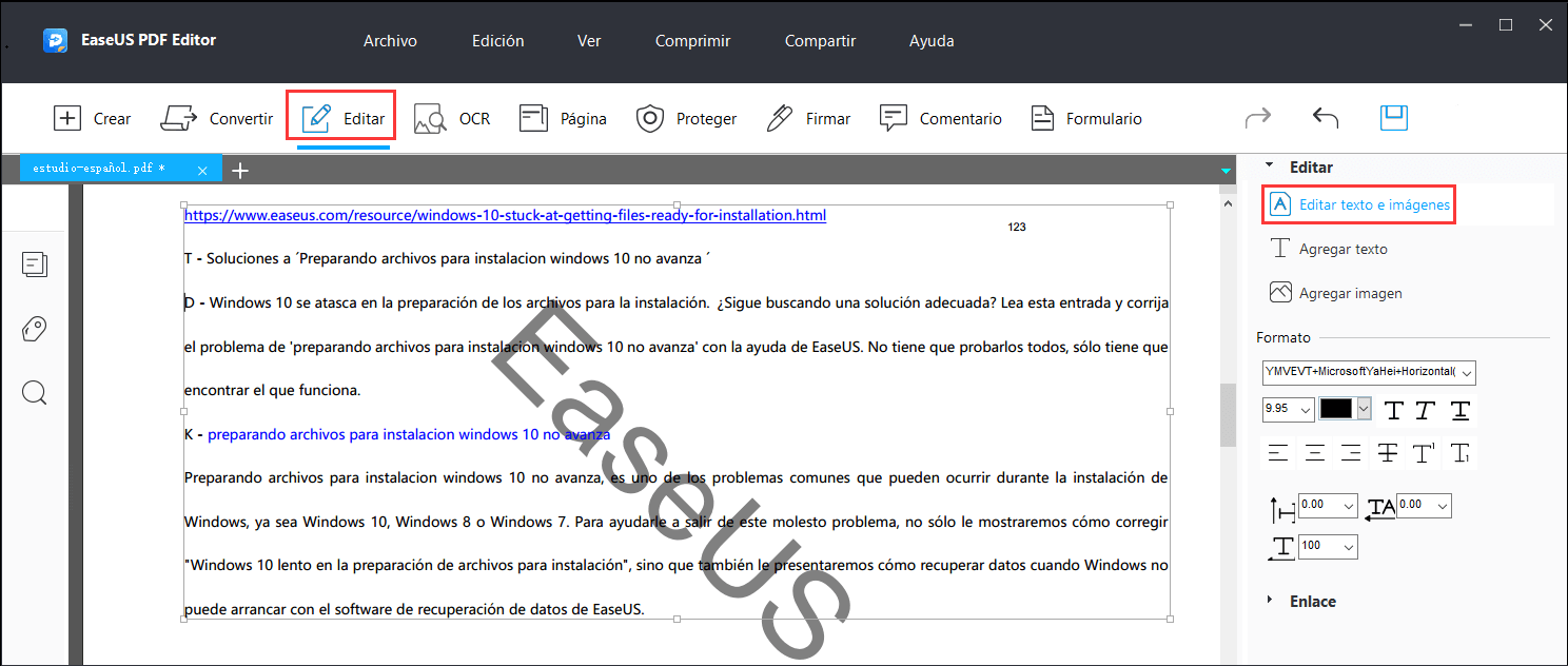 Opciones de edición de EaseUS PDF