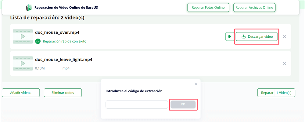 Introduce el código de extracción